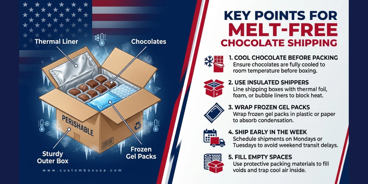 Key takeaways: Cool the chocolate before packing. Gel packs keep it cool but cannot cool warm chocolate down.; Use a snug inner chocolate box inside a bigger insulated shipper.; Wrap gel packs and keep them off the...