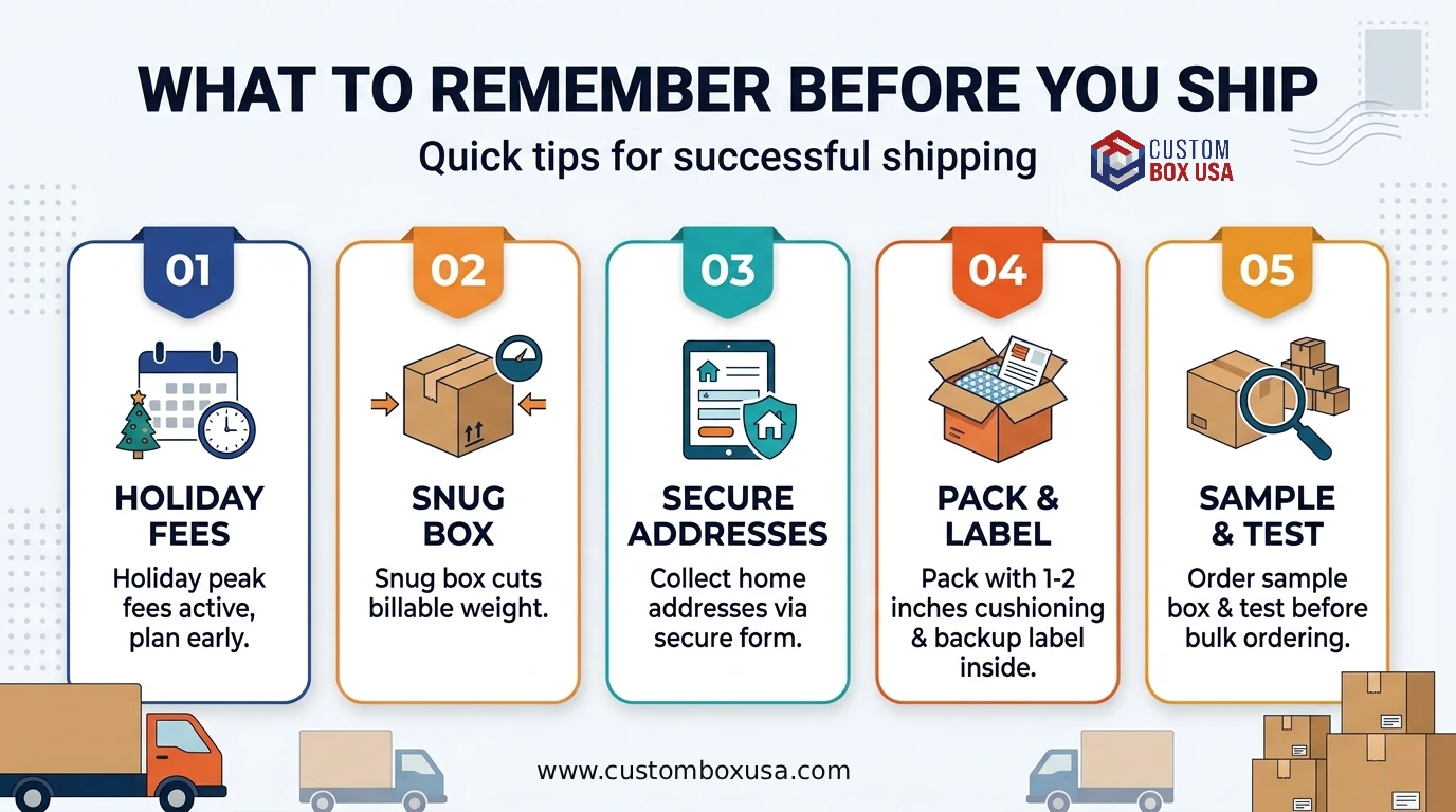 Key takeaways: Holiday peak fees from UPS, FedEx and USPS are already active, so plan early.; A snug box can cut the billable weight, because carriers charge for size, not just weight.; Collect home addresses throug...