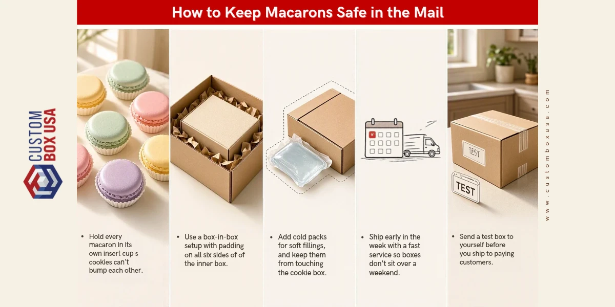 Key takeaways: Hold every macaron in its own insert cup so cookies can't bump each other.; Use a box-in-box setup with padding on all six sides of the inner box.; Add cold packs for soft fillings, and keep them from...