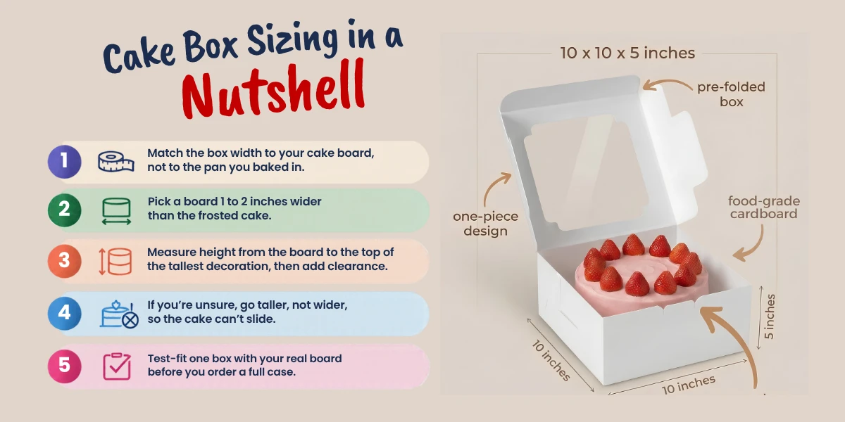 Key takeaways: Match the box width to your cake board, not to the pan you baked in.; Pick a board 1 to 2 inches wider than the frosted cake.; Measure height from the board to the top of the tallest decoration, then...