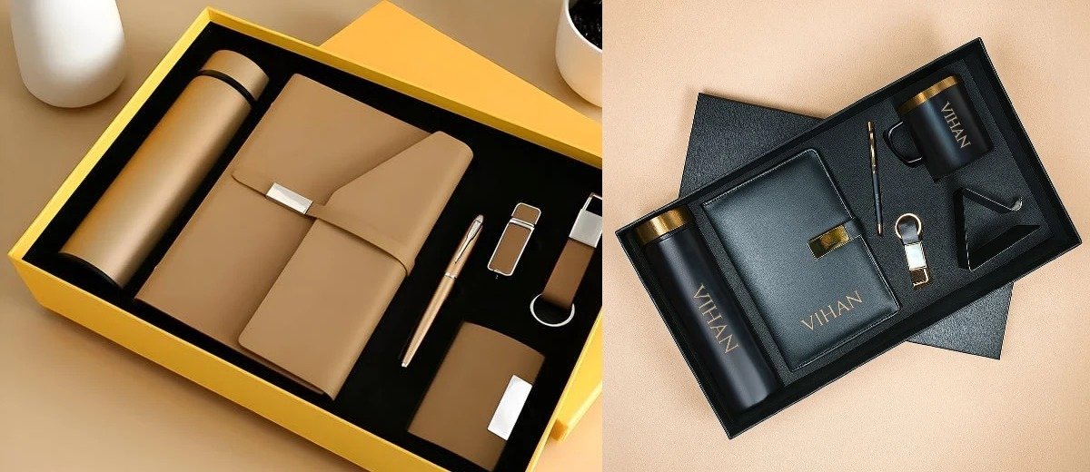 Open corporate gift box with a die-cut insert holding a tumbler, coffee pouch and cookies in fitted slots